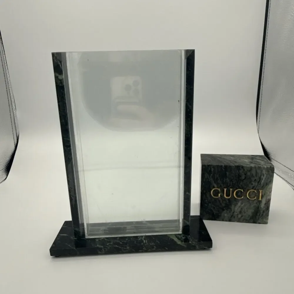 VTG Gucci Italy Green Marble Acrylic Vase Insert Sign Block Board Display Desk